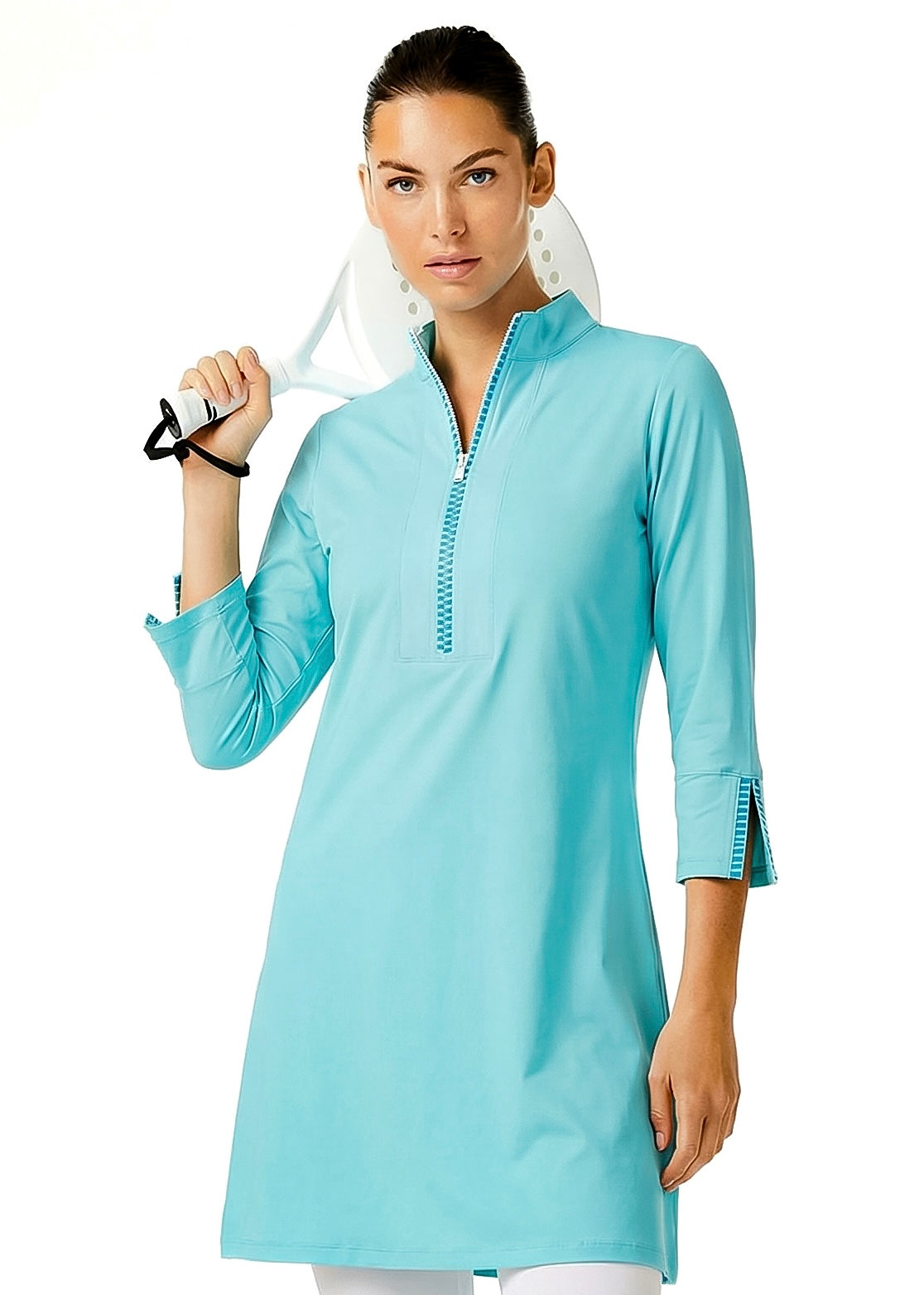 Stripe 3/4 Slit Sleeves Piping Portrait Neckline & Mock Zip Collar (Cyan)