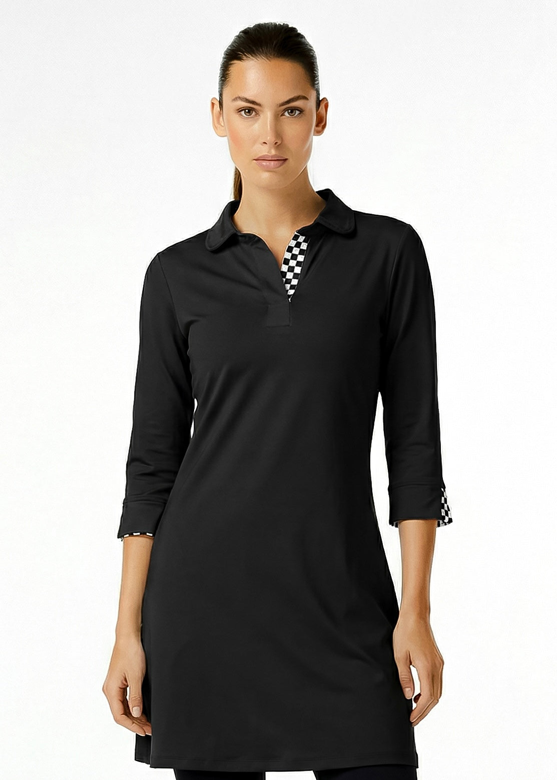 3/4 SLEEVE POLO NECK POLY DRESS (Black)