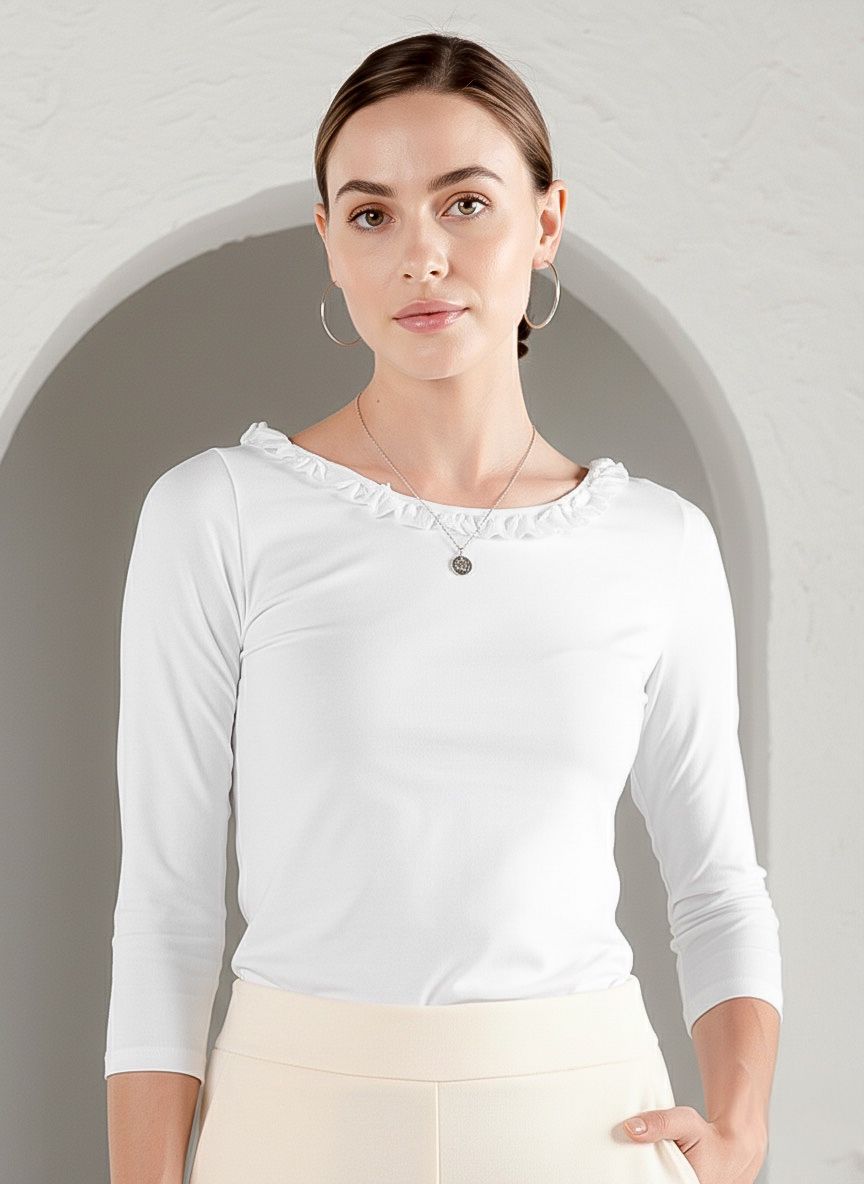 Solid Knit 3/4 Sleeve Ruffle Scoop Neck Top