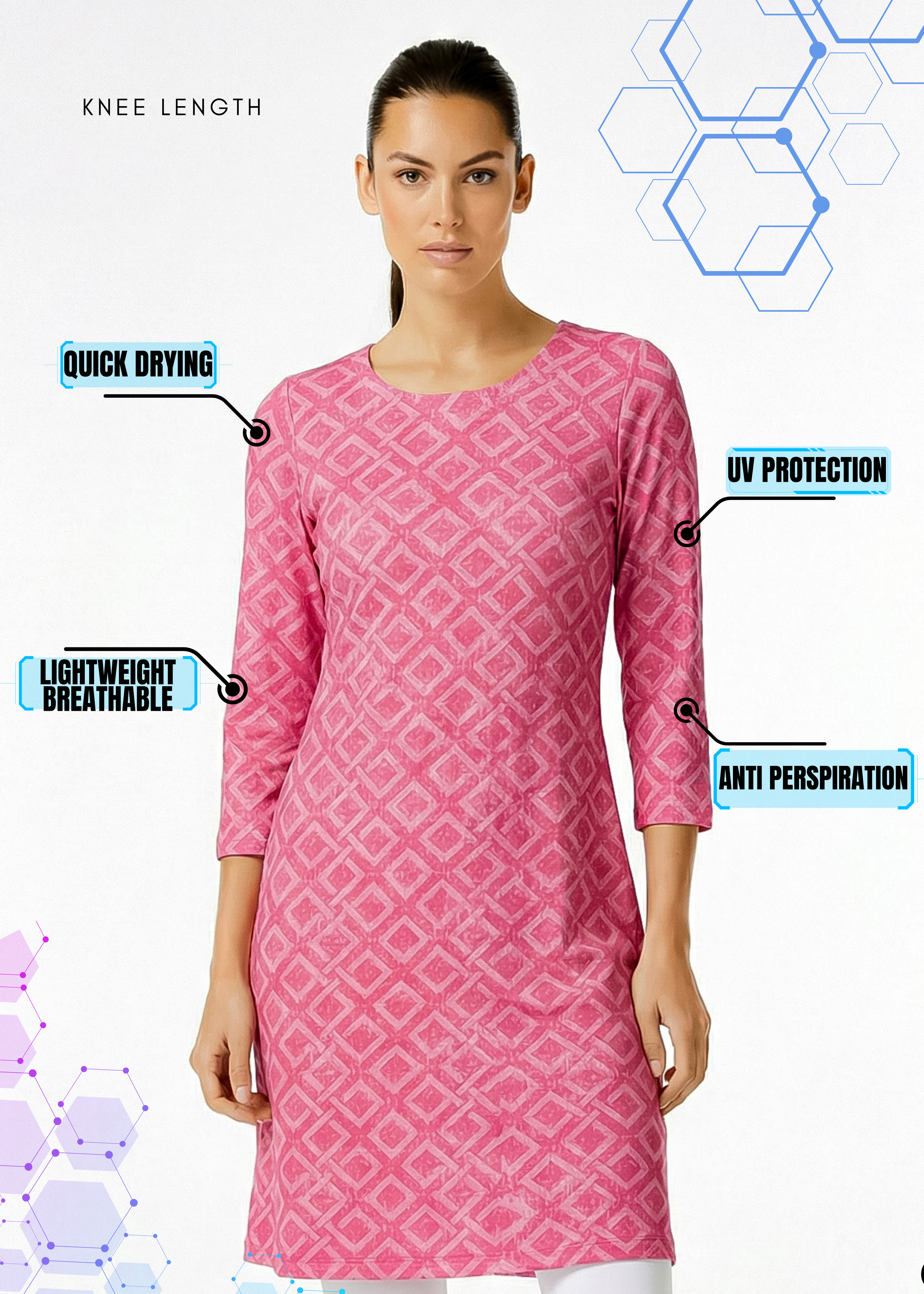 3/4 SLEEVE CREW NECK POLY MONOCHROME DRESS (Nude Pink)