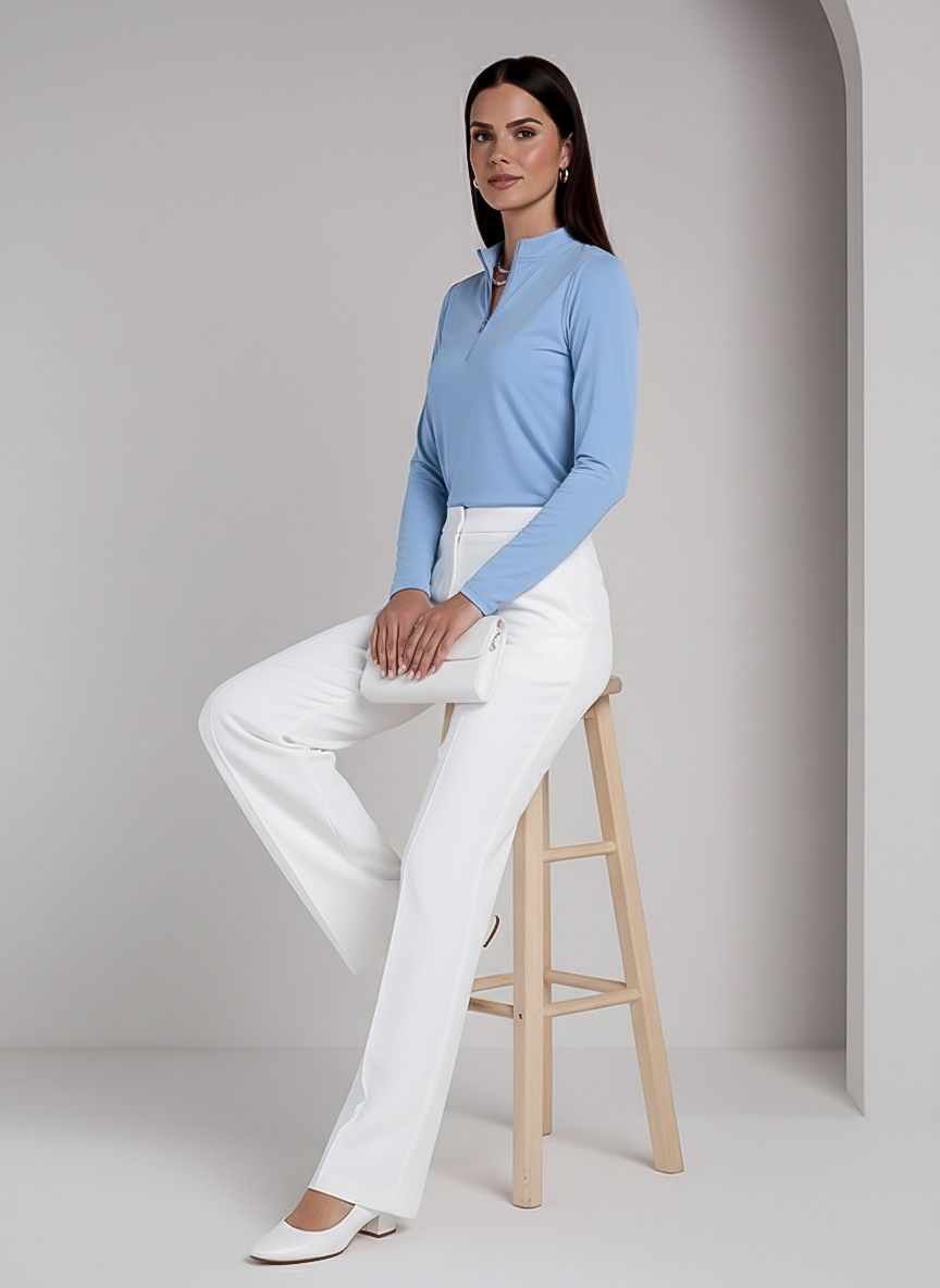 Solid Knit 3/4 Sleeve Embellished Zip Mock Neck Top