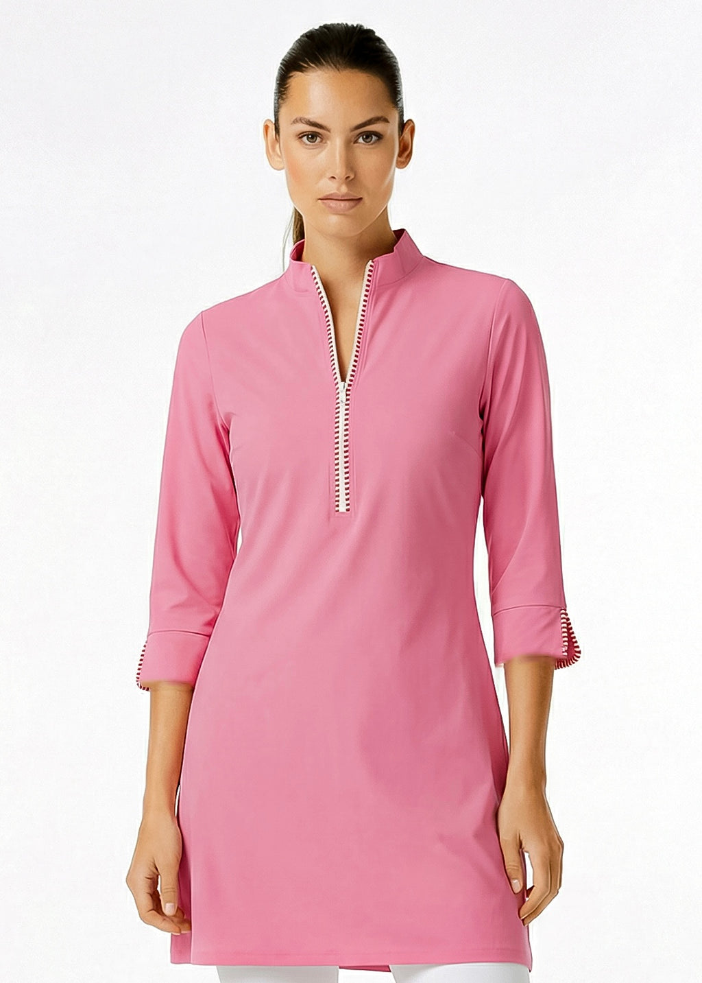 Stripe 3/4 Slit Sleeves Piping Portrait Neckline & Mock Zip Collar (Nude Pink)