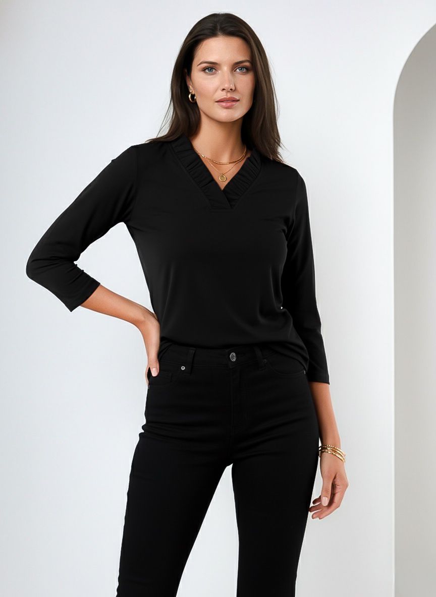 Solid Knit 3/4 Sleeve Ruffle Portrait Neck Top