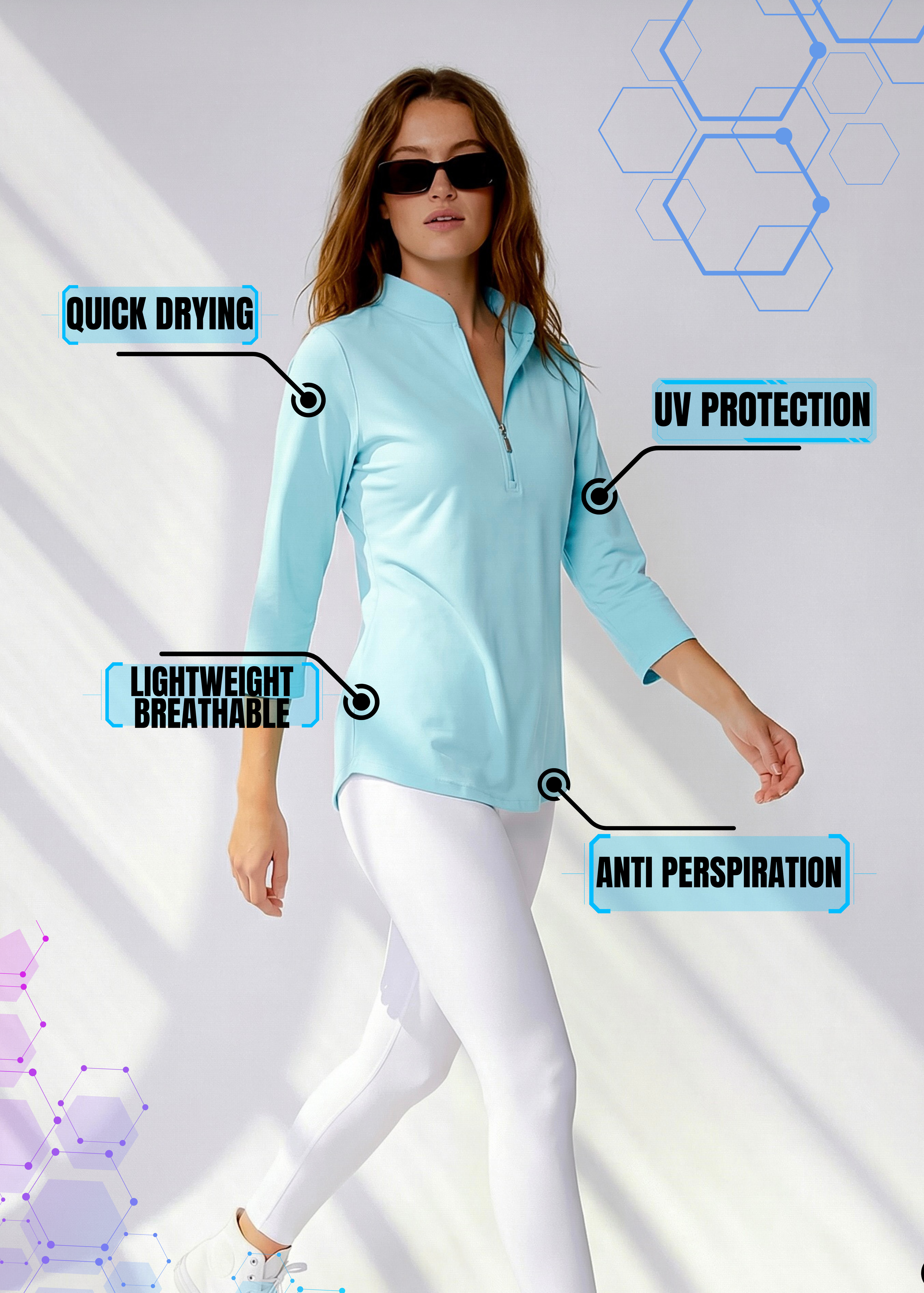 Long Sleeve Mock Neck Poly Top (Cyan)