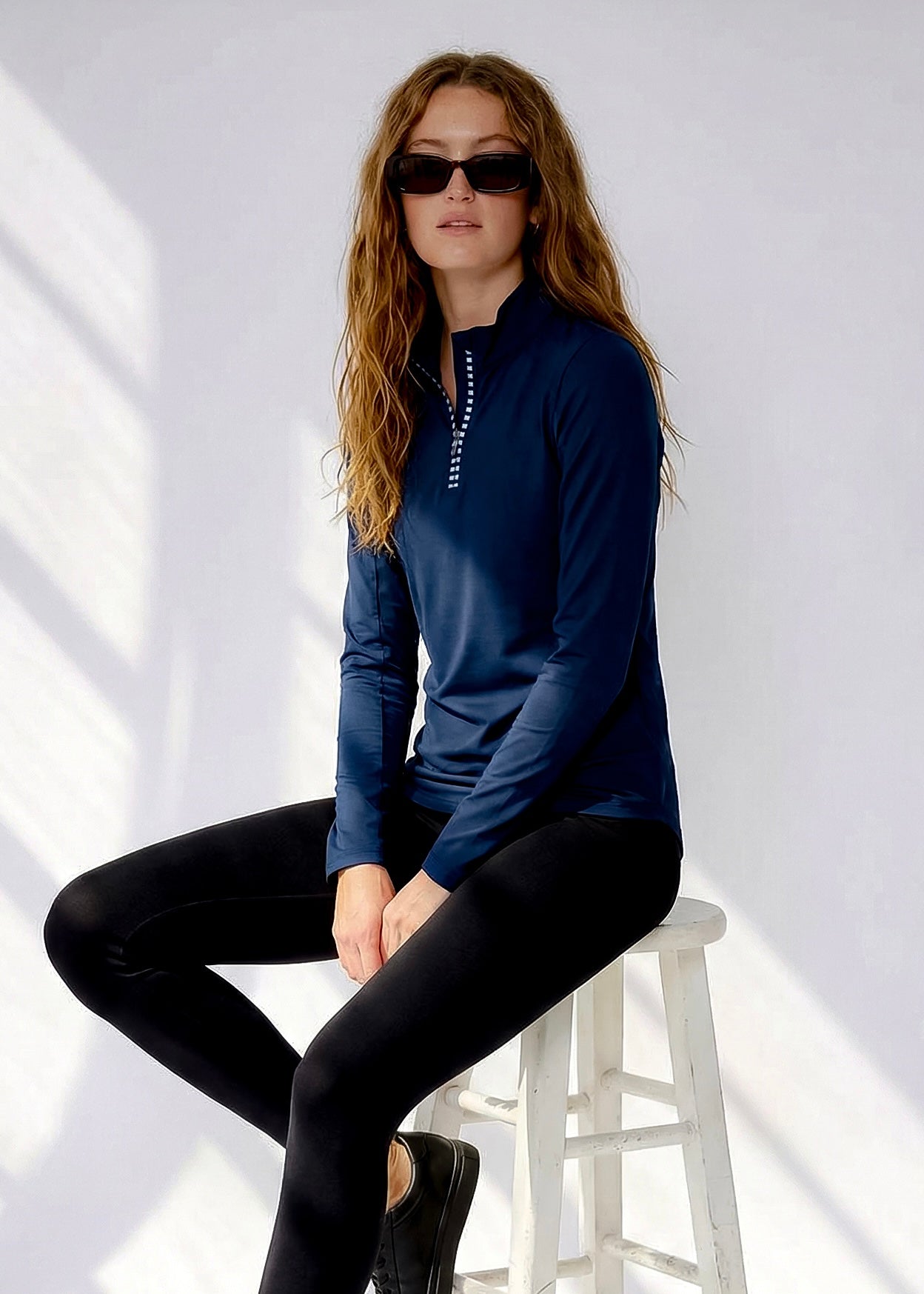 Long Sleeve Mock Neck Poly Top (Dark Navy)