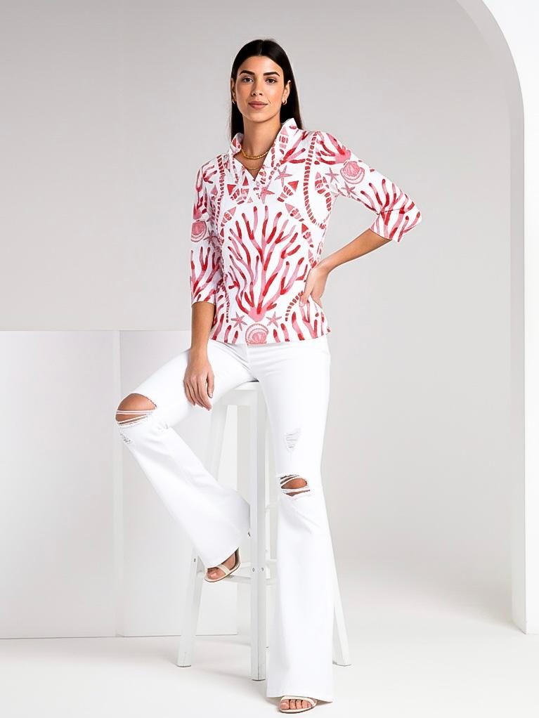 Coralia print cotton Knit 3/4 Sleeve Ruffle Portrait Neck Top