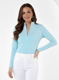 Solid Knit 3/4 Sleeve Embellished Zip Mock Neck Top