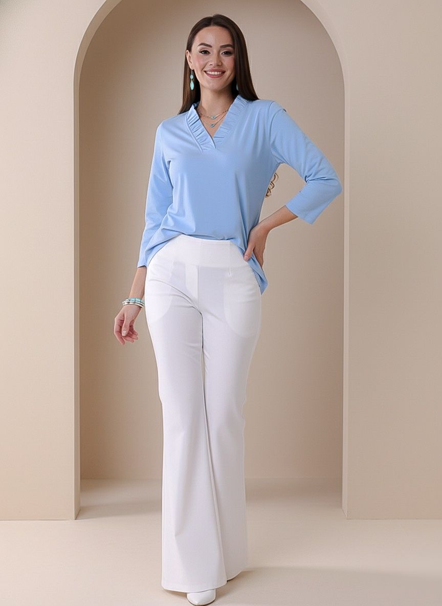 Solid Knit 3/4 Sleeve Ruffle Portrait Neck Top