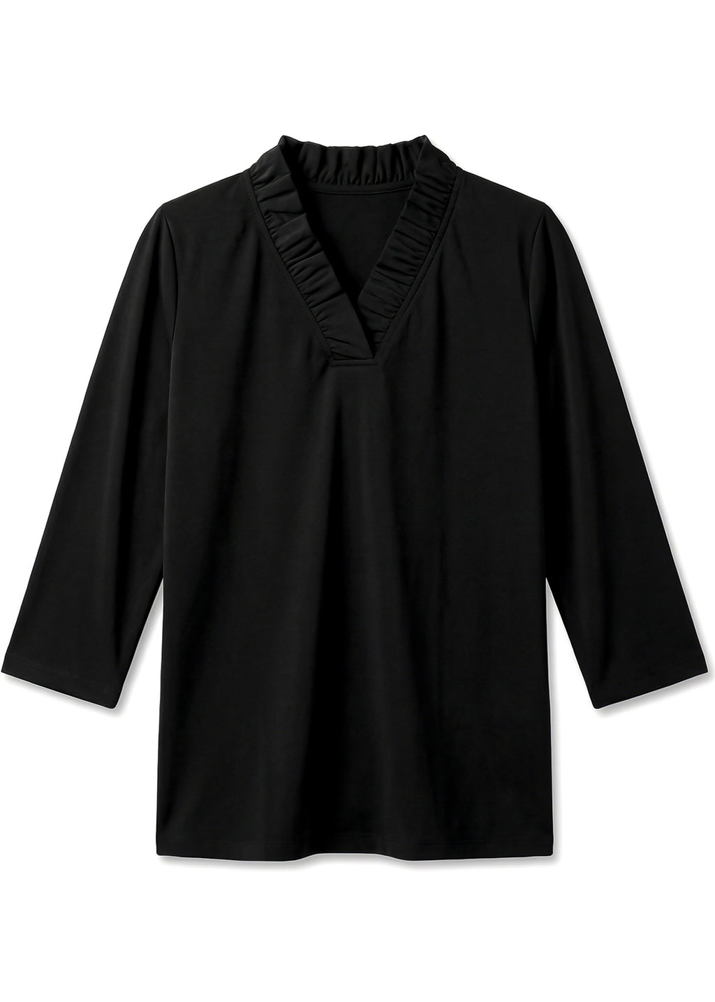 Solid Knit 3/4 Sleeve Ruffle Portrait Neck Top