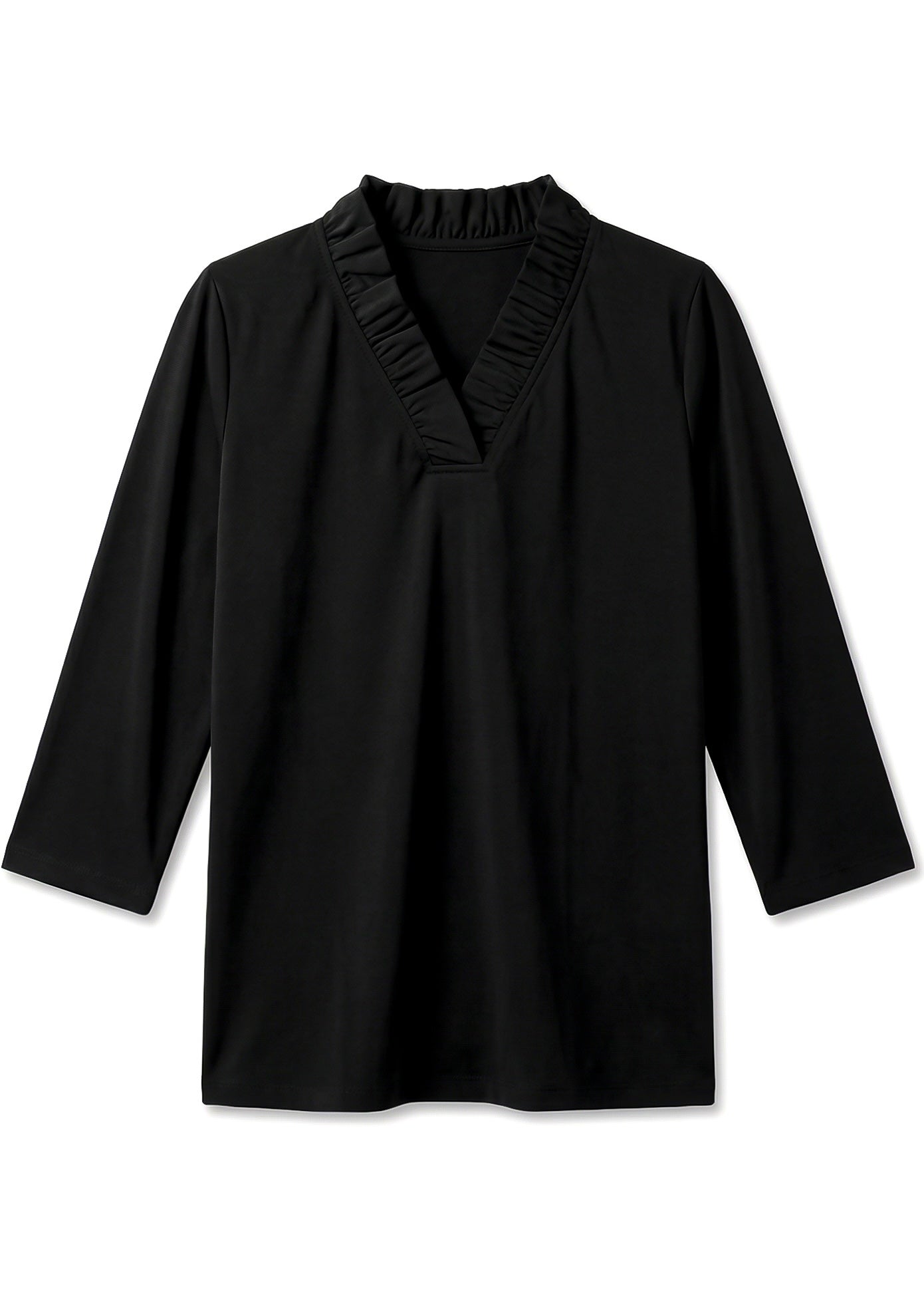 Solid Knit 3/4 Sleeve Ruffle Portrait Neck Top