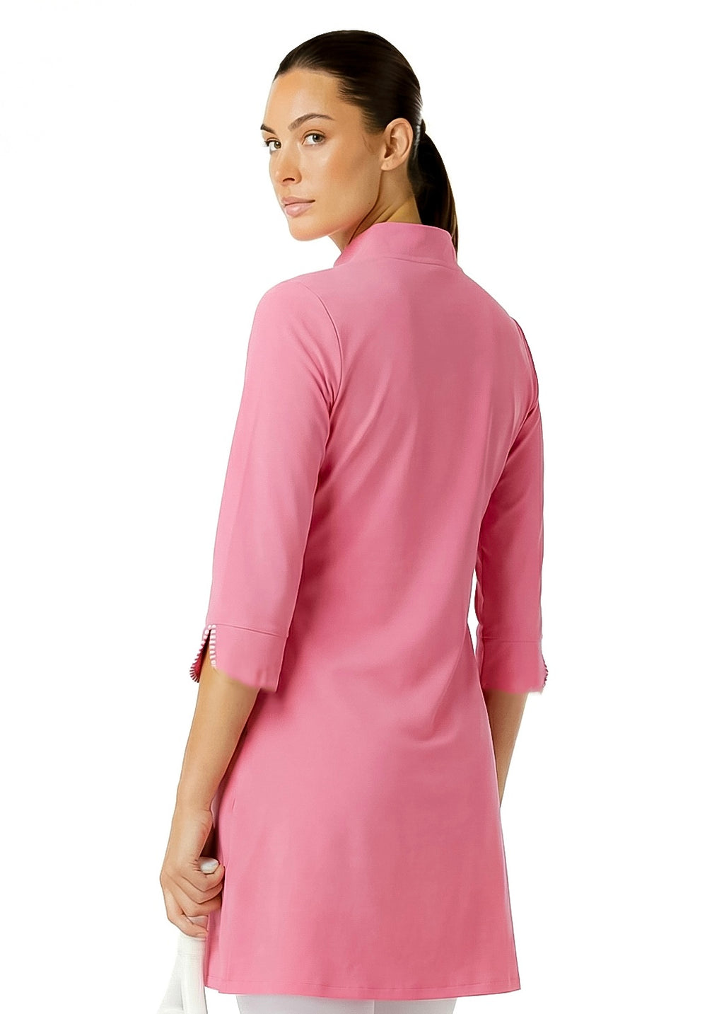 Stripe 3/4 Slit Sleeves Piping Portrait Neckline & Mock Zip Collar (Nude Pink)