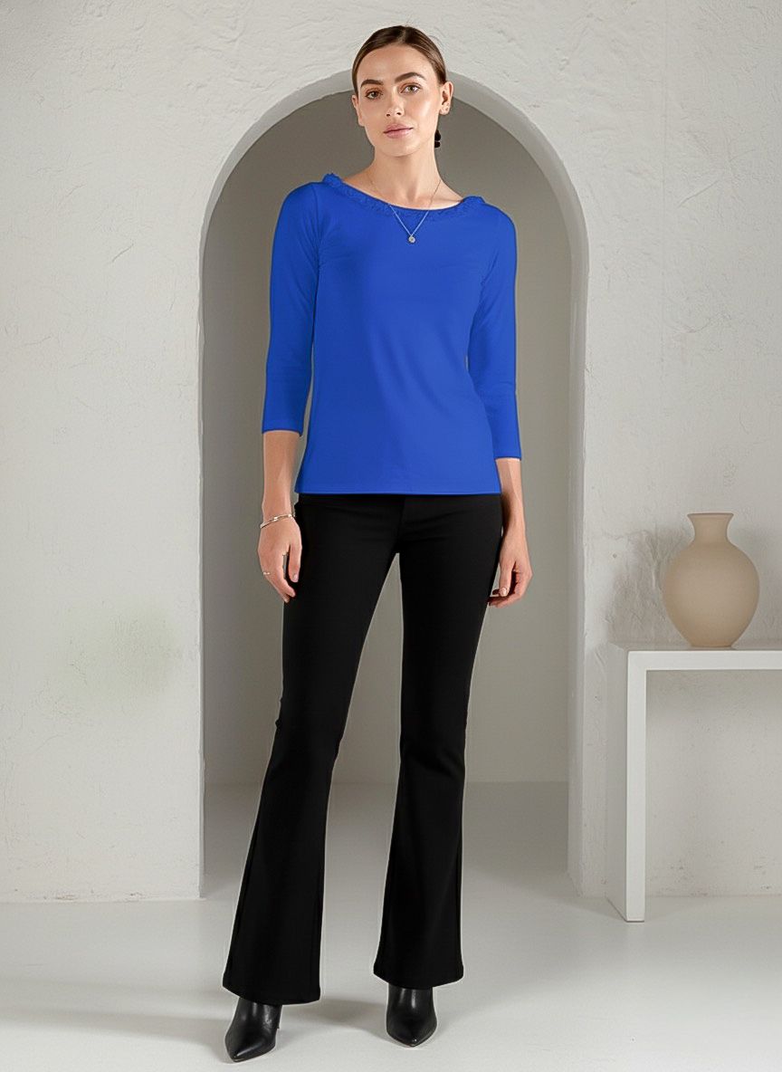 Solid Knit 3/4 Sleeve Ruffle Scoop Neck Top