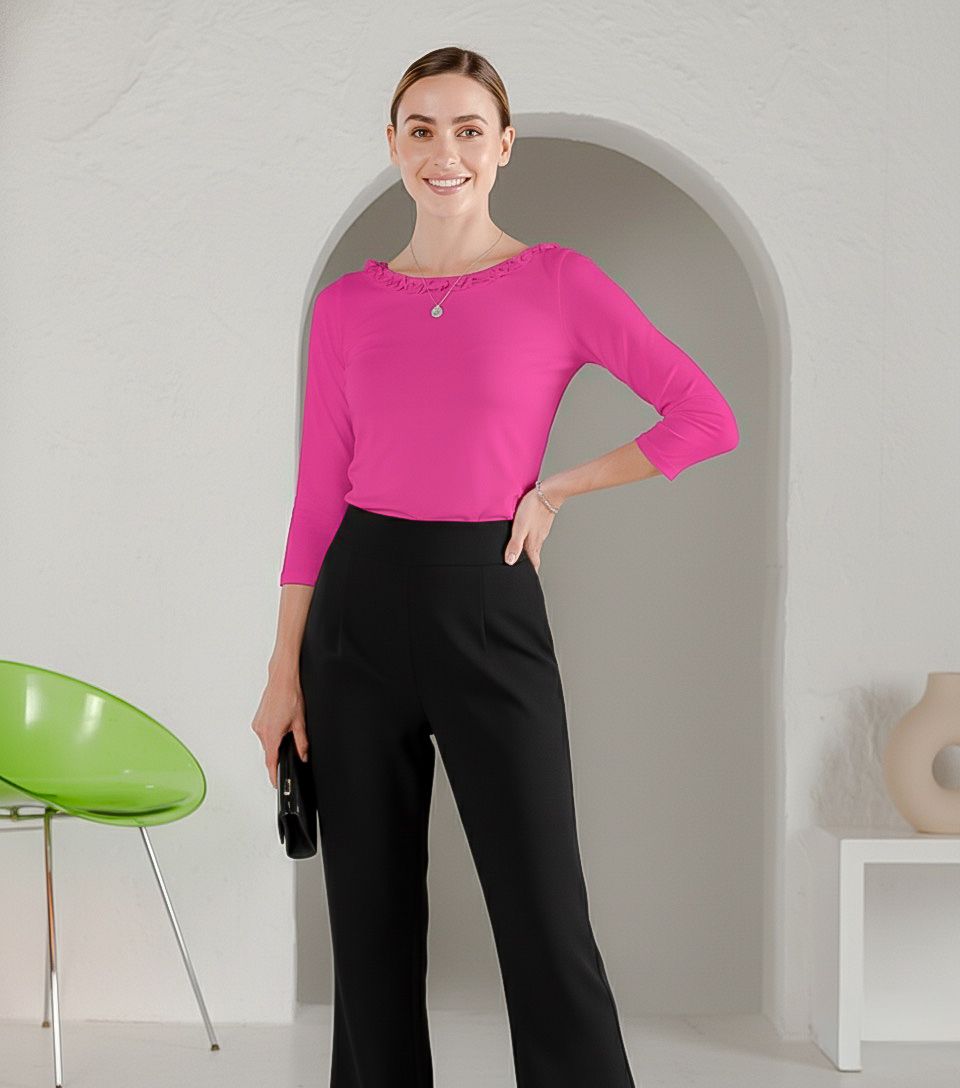Solid Knit 3/4 Sleeve Ruffle Scoop Neck Top