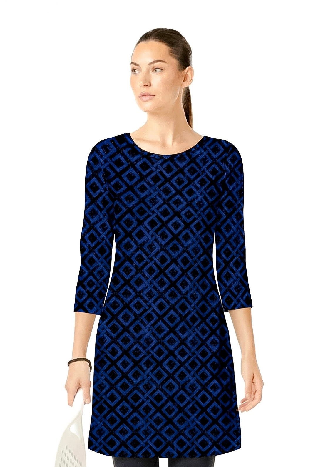 3/4 SLEEVE CREW NECK POLY MONOCHROME DRESS (Blue)