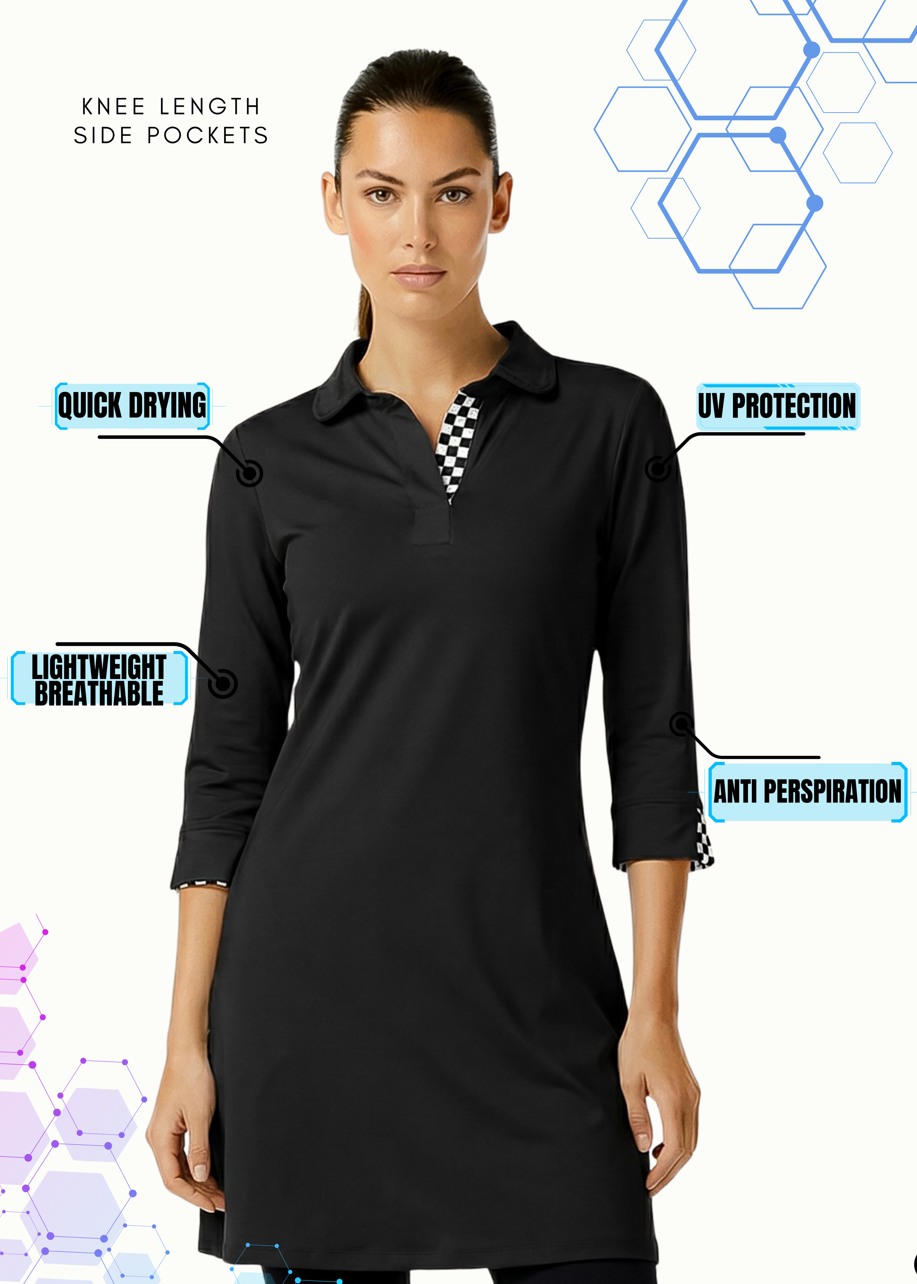 3/4 SLEEVE POLO NECK POLY DRESS (Black)