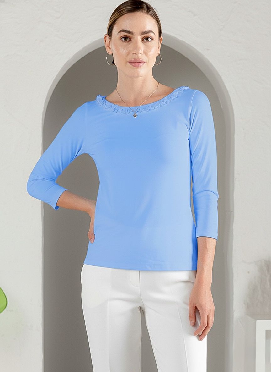 Solid Knit 3/4 Sleeve Ruffle Scoop Neck Top