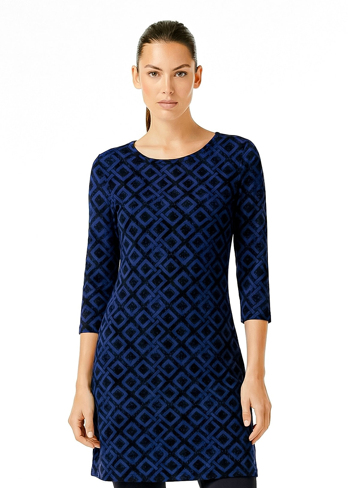 3/4 SLEEVE CREW NECK POLY MONOCHROME DRESS (Blue)