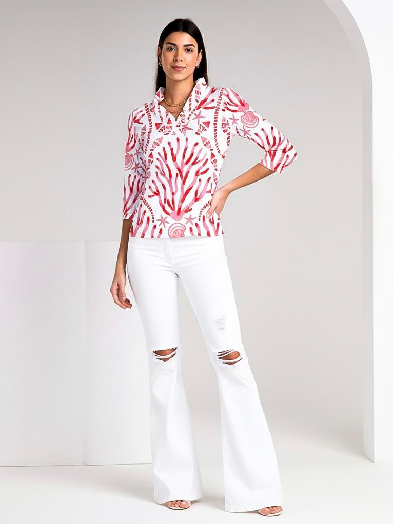 Coralia print cotton Knit 3/4 Sleeve Ruffle Portrait Neck Top