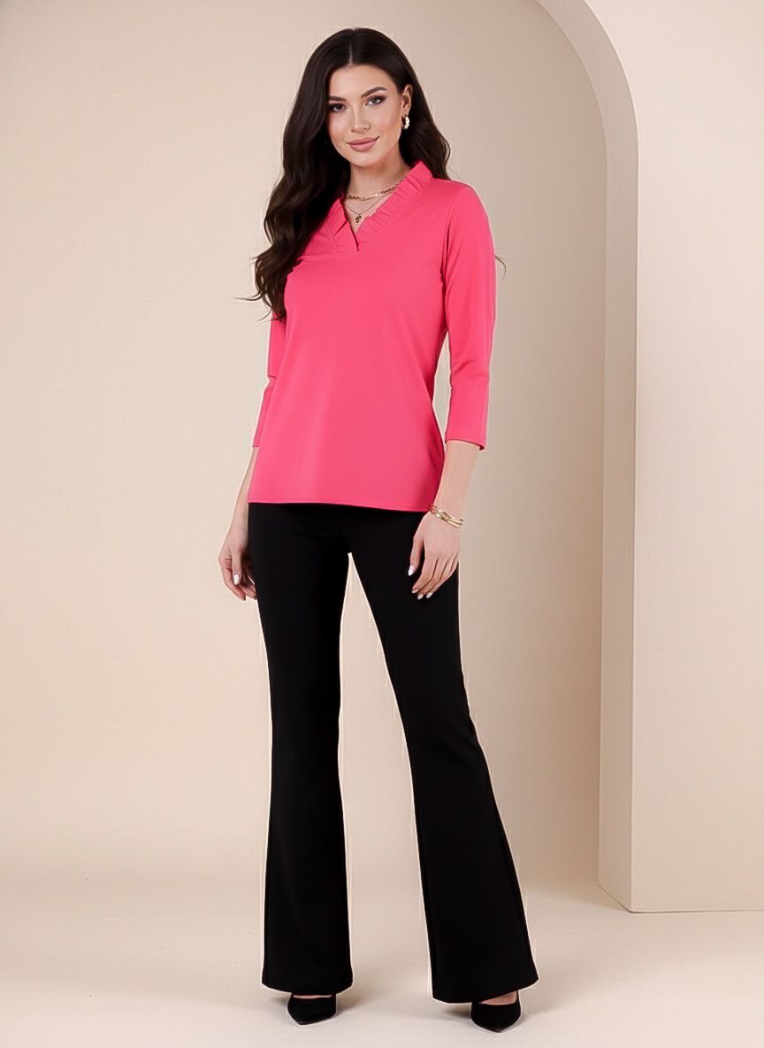 Solid Knit 3/4 Sleeve Ruffle Portrait Neck Top