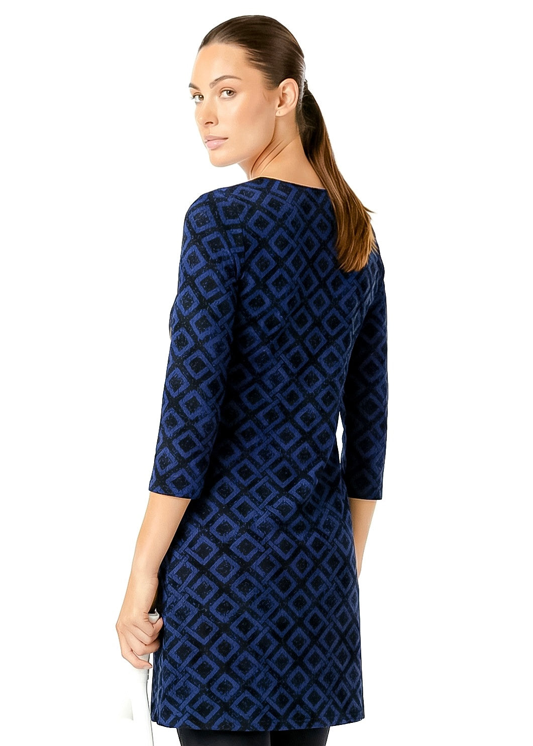 3/4 SLEEVE CREW NECK POLY MONOCHROME DRESS (Blue)