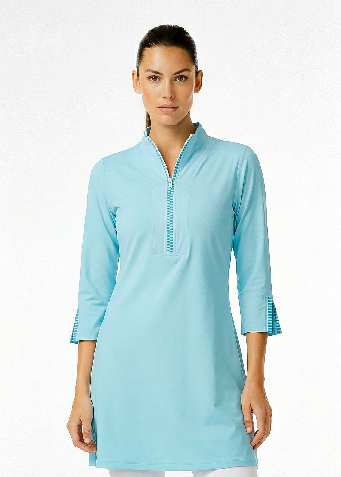 Stripe 3/4 Slit Sleeves Piping Portrait Neckline & Mock Zip Collar (Cyan)