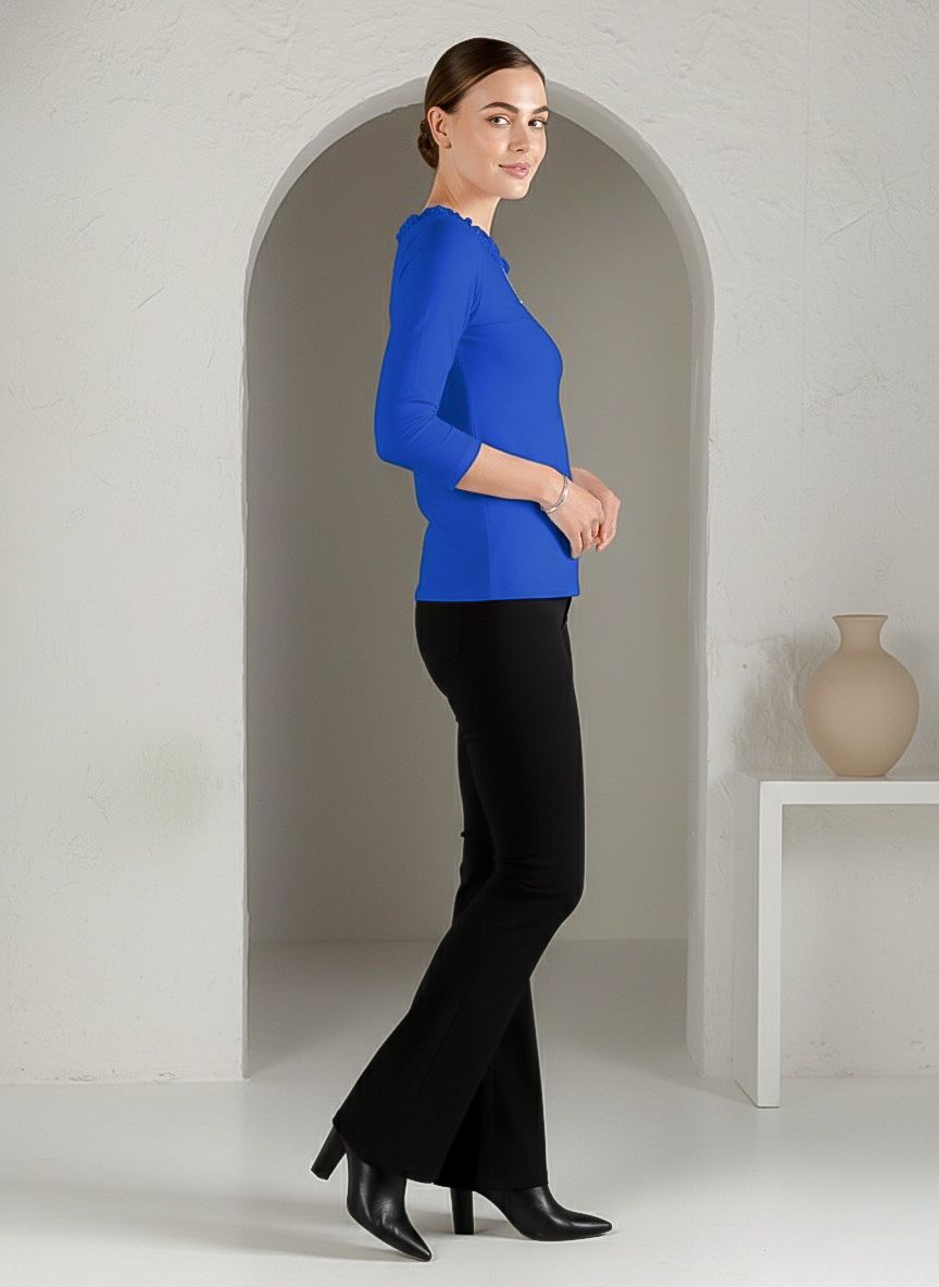 Solid Knit 3/4 Sleeve Ruffle Scoop Neck Top