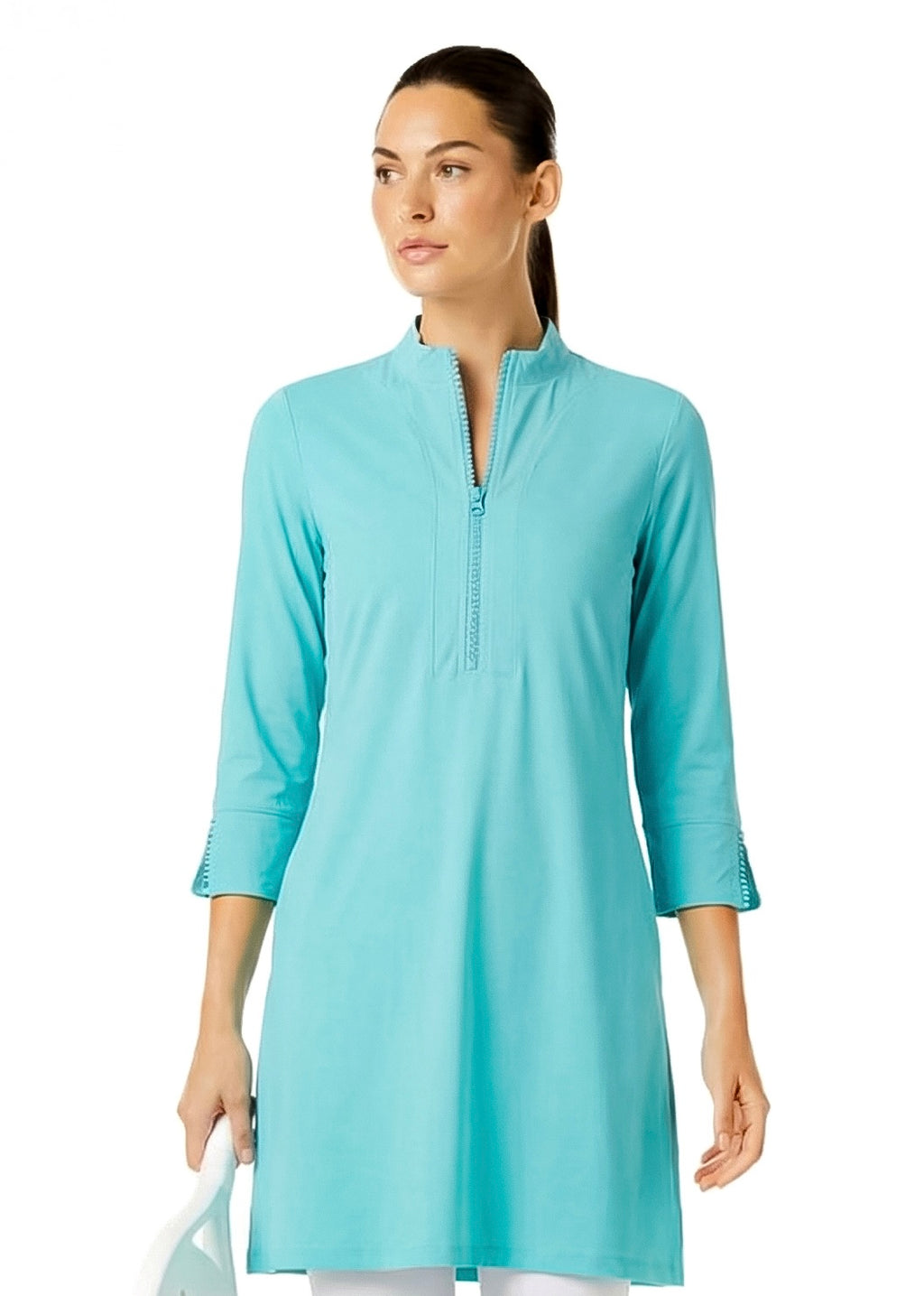 Stripe 3/4 Slit Sleeves Piping Portrait Neckline & Mock Zip Collar (Cyan)