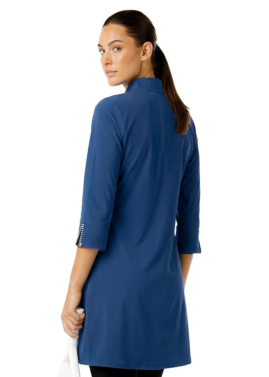 Stripe 3/4 Slit Sleeves Piping Portrait Neckline & Mock Zip Collar (Navy)