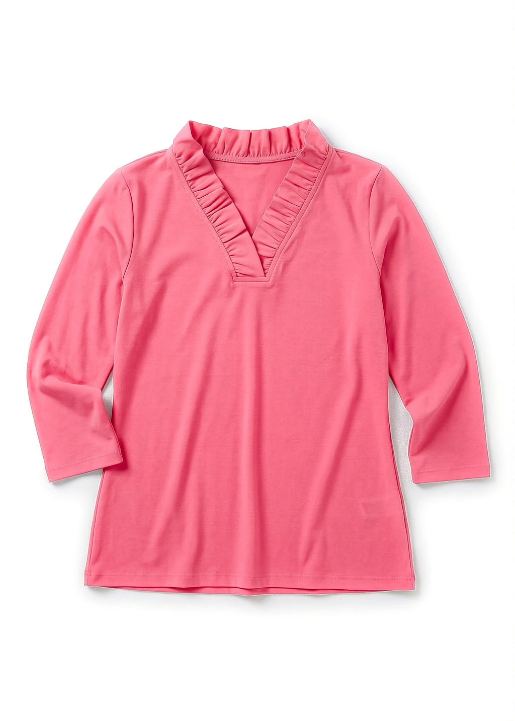 Solid Knit 3/4 Sleeve Ruffle Portrait Neck Top