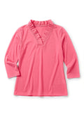 Solid Knit 3/4 Sleeve Ruffle Portrait Neck Top
