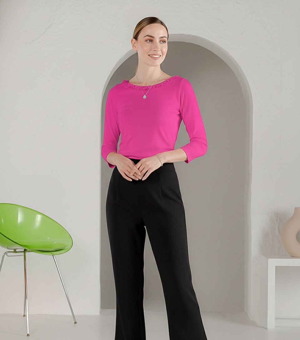 Solid Knit 3/4 Sleeve Ruffle Scoop Neck Top