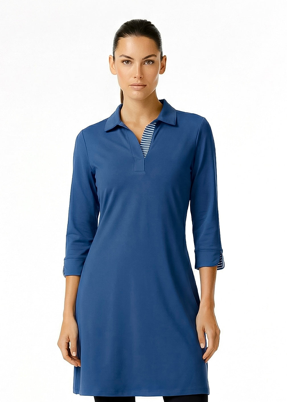 3/4 SLEEVE POLO NECK POLY DRESS (Navy)