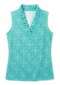 Messina Print Cotton Knit Sleeveless Ruffle Portrait Neck Top