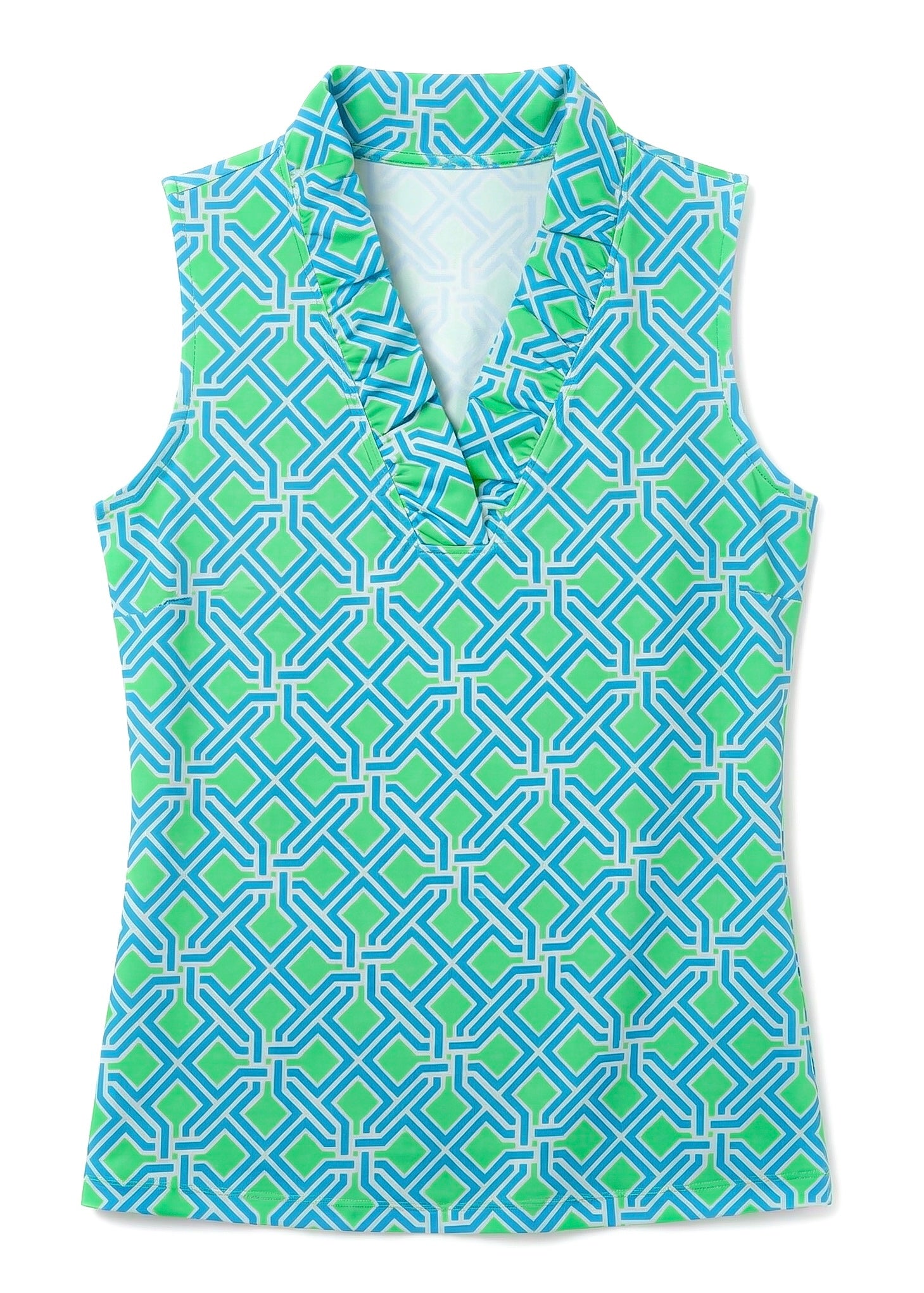 Messina Print Cotton Knit Sleeveless Ruffle Portrait Neck Top