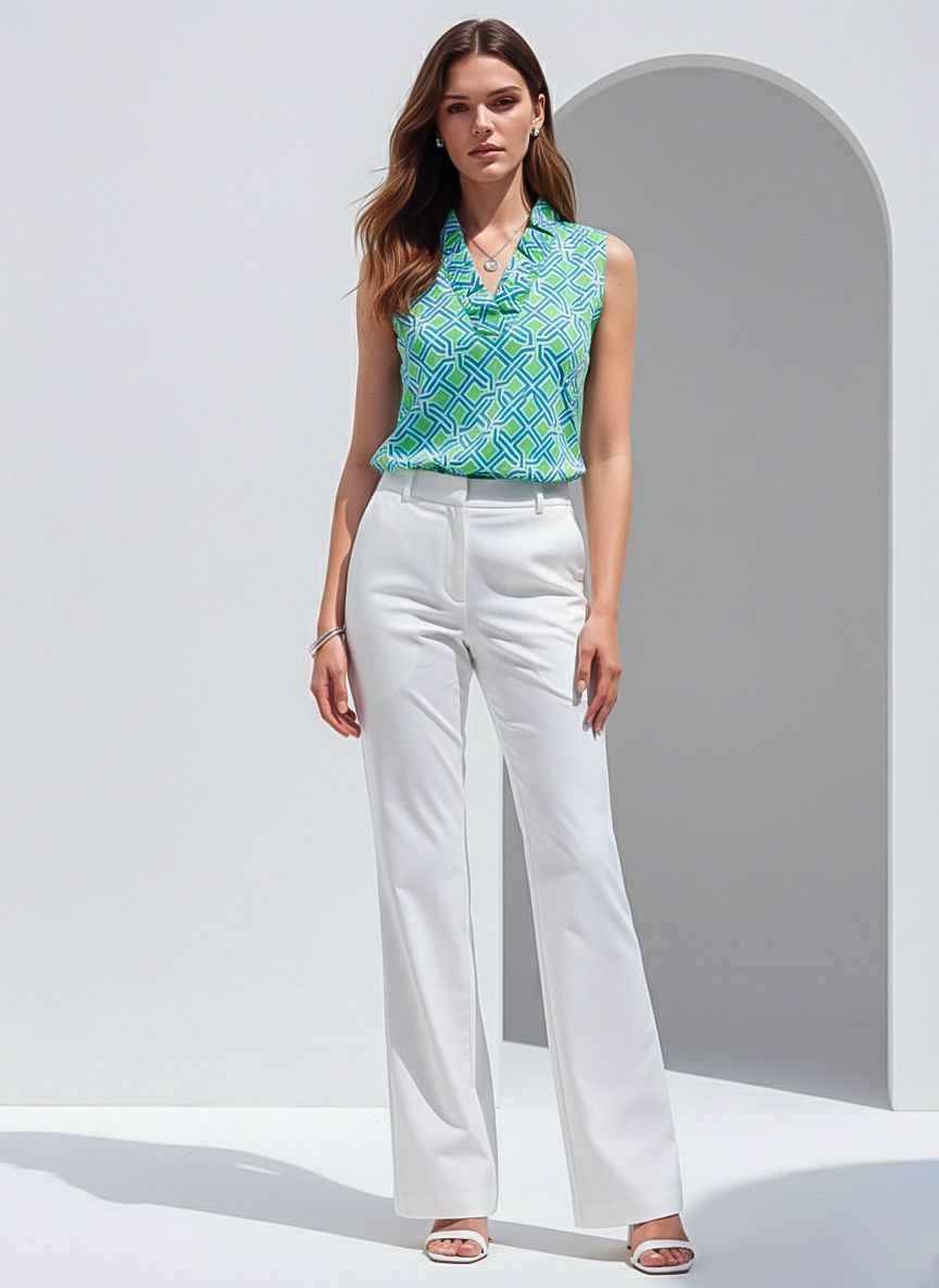 Messina Print Cotton Knit Sleeveless Ruffle Portrait Neck Top