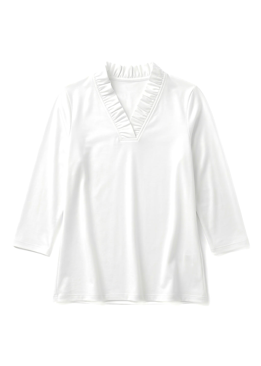 Solid Knit 3/4 Sleeve Ruffle Portrait Neck Top