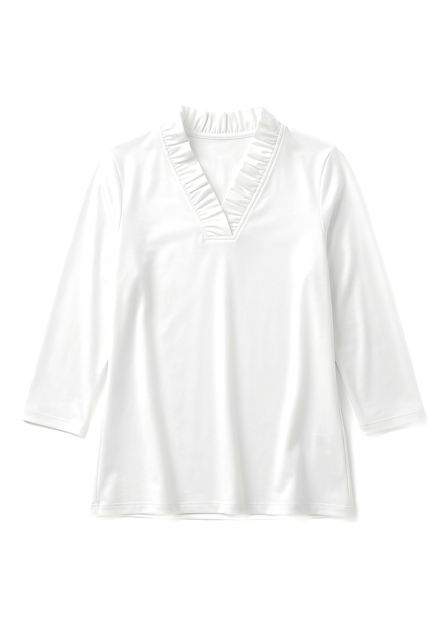 Solid Knit 3/4 Sleeve Ruffle Portrait Neck Top