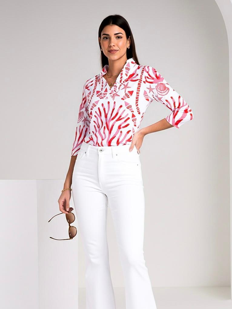 Coralia print cotton Knit 3/4 Sleeve Ruffle Portrait Neck Top