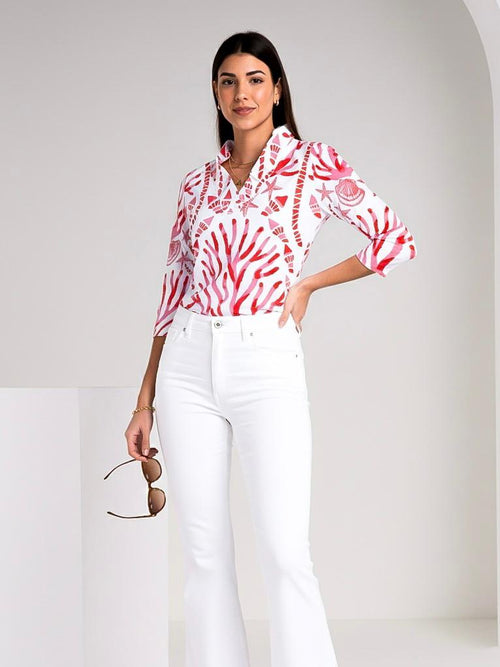 Coralia print cotton Knit 3/4 Sleeve Ruffle Portrait Neck Top