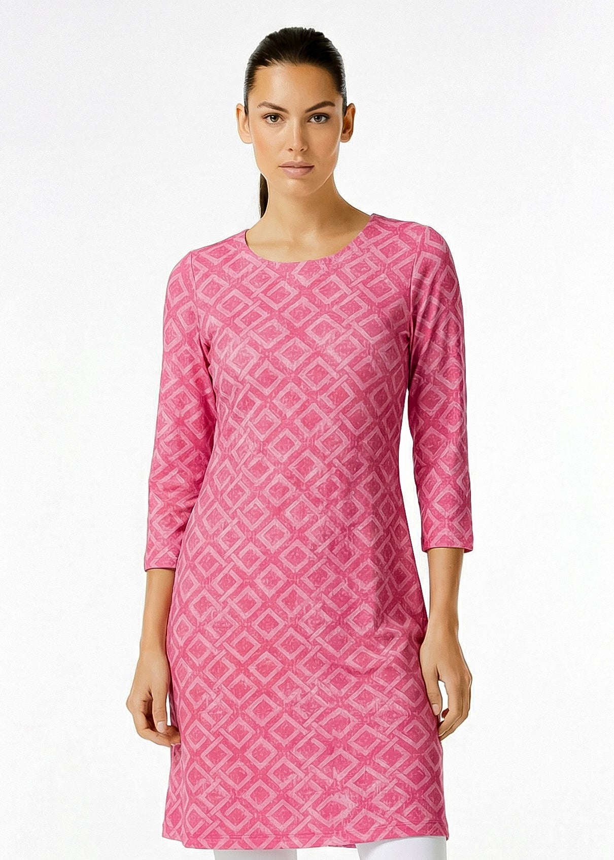 3/4 SLEEVE CREW NECK POLY MONOCHROME DRESS (Nude Pink)