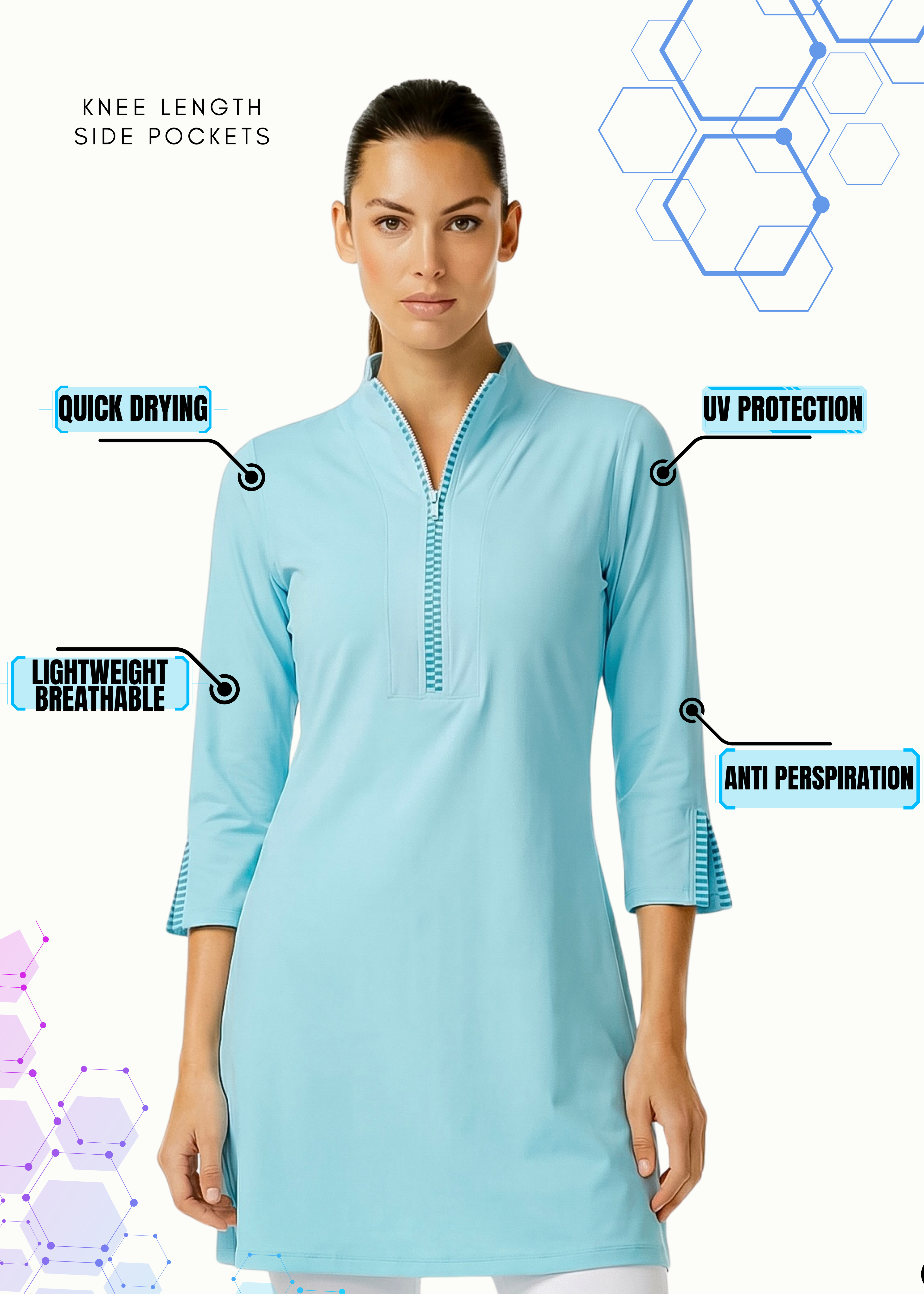 Stripe 3/4 Slit Sleeves Piping Portrait Neckline & Mock Zip Collar (Cyan)