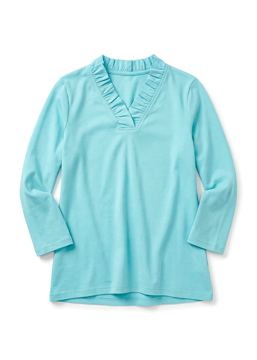 Solid Knit 3/4 Sleeve Ruffle Portrait Neck Top