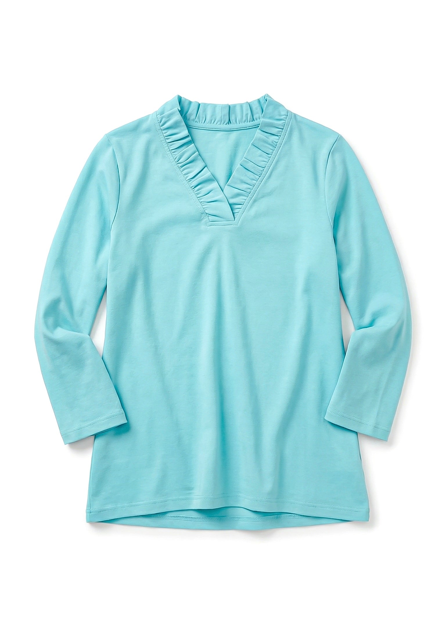 Solid Knit 3/4 Sleeve Ruffle Portrait Neck Top