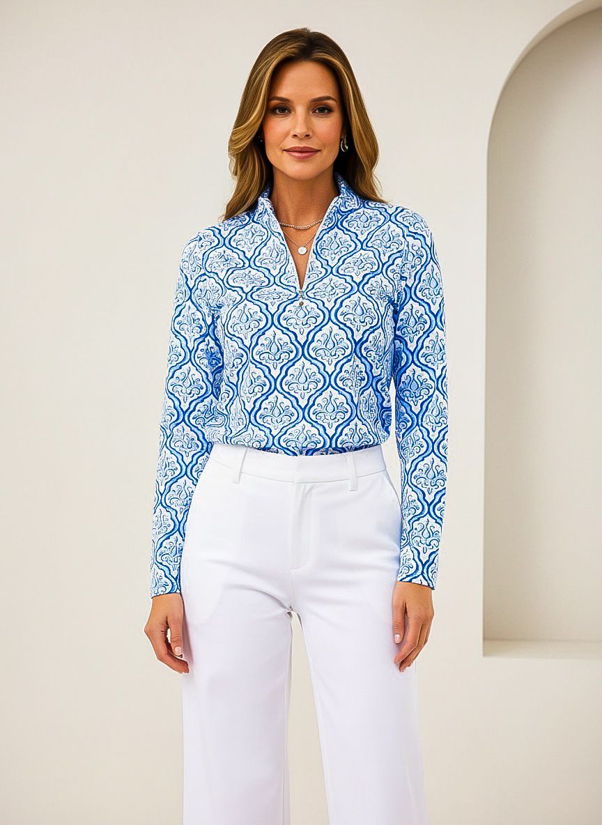 KARIZMA PRINT COTTON KNIT ZIP MOCK NECK TOP