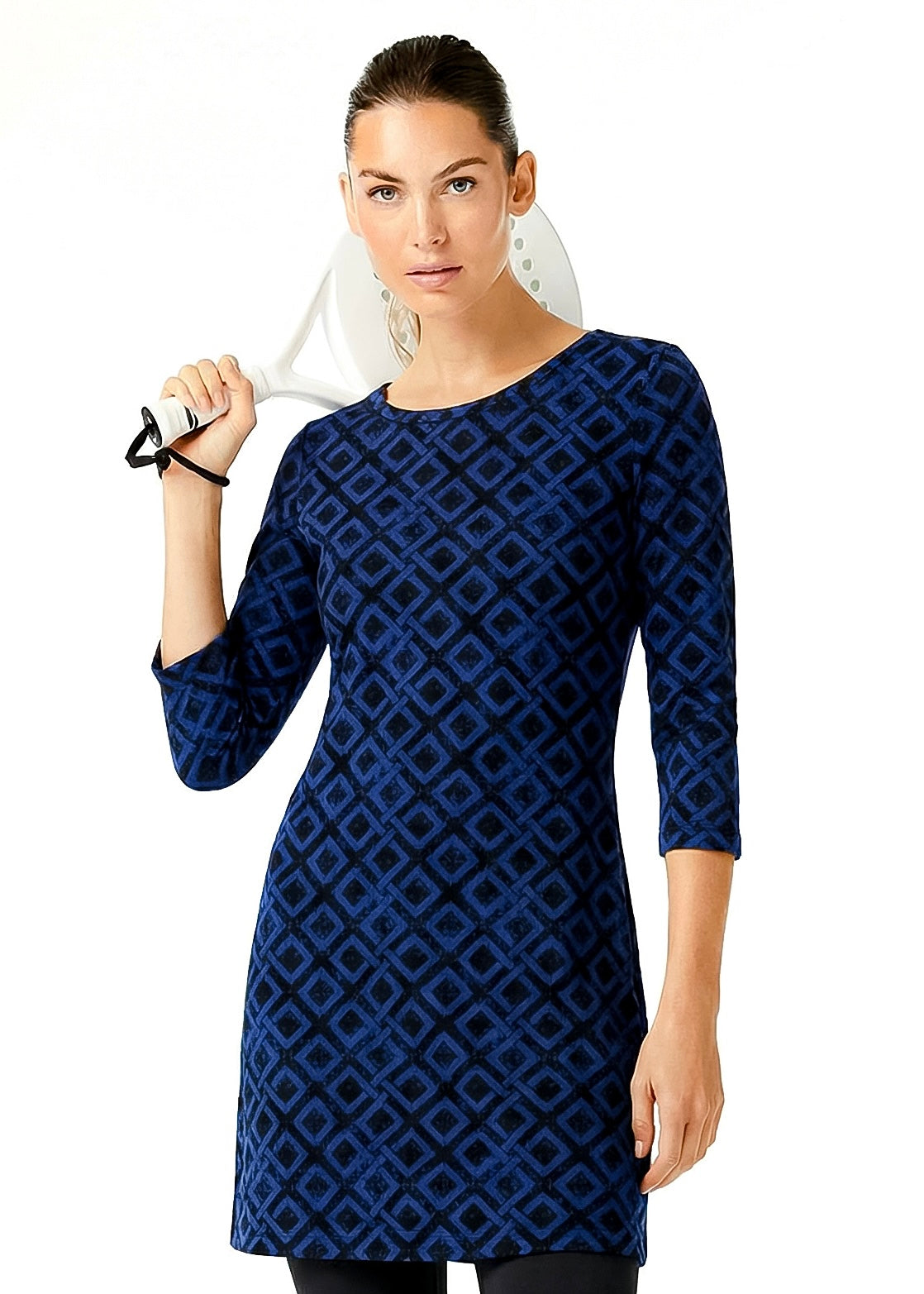3/4 SLEEVE CREW NECK POLY MONOCHROME DRESS (Blue)