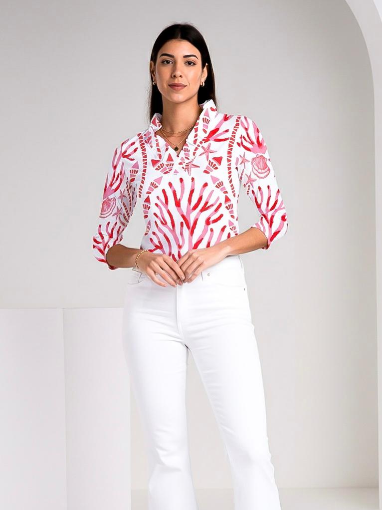 Coralia print cotton Knit 3/4 Sleeve Ruffle Portrait Neck Top