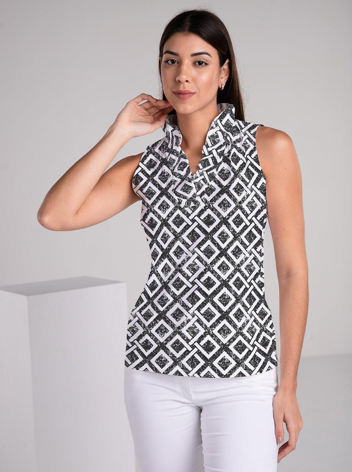 Key mia Print Cotton Knit Sleeveless Ruffle Portrait Neck Top