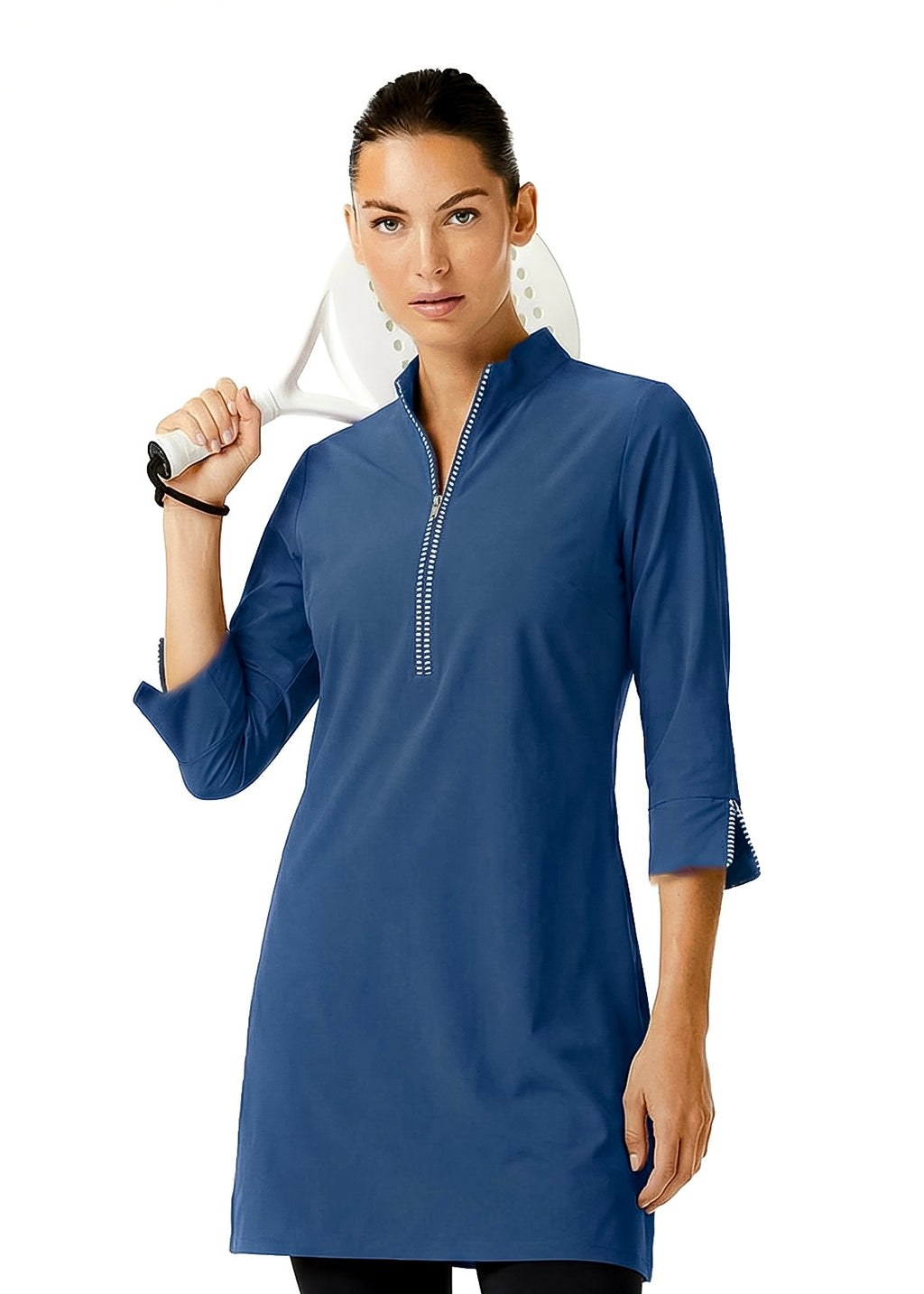 Stripe 3/4 Slit Sleeves Piping Portrait Neckline & Mock Zip Collar (Navy)