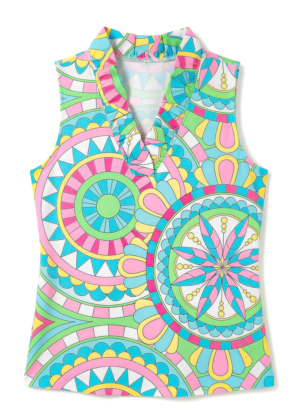 Terracotta Print Cotton Knit Sleeveless Ruffle Portrait Neck Top