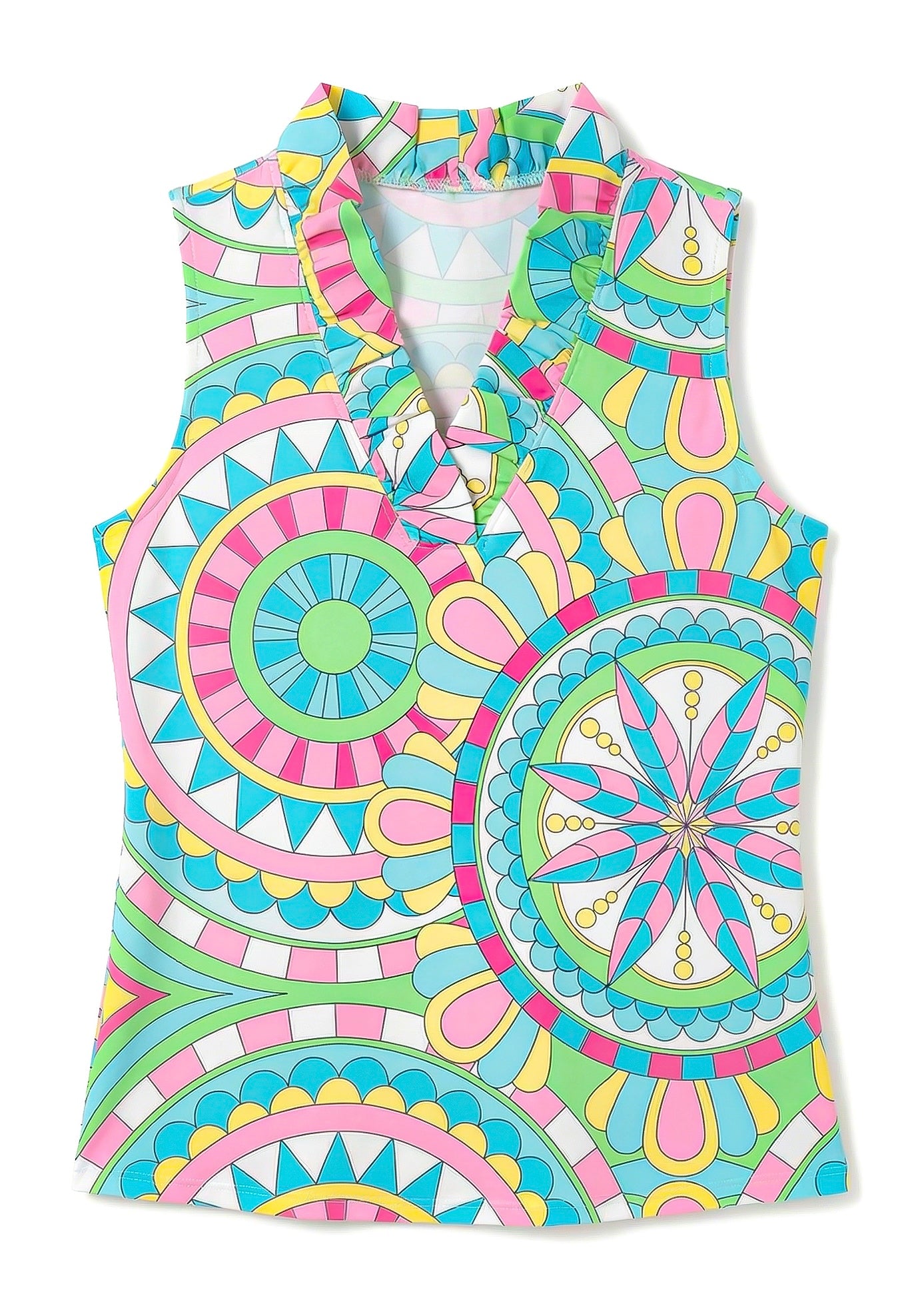 Terracotta Print Cotton Knit Sleeveless Ruffle Portrait Neck Top